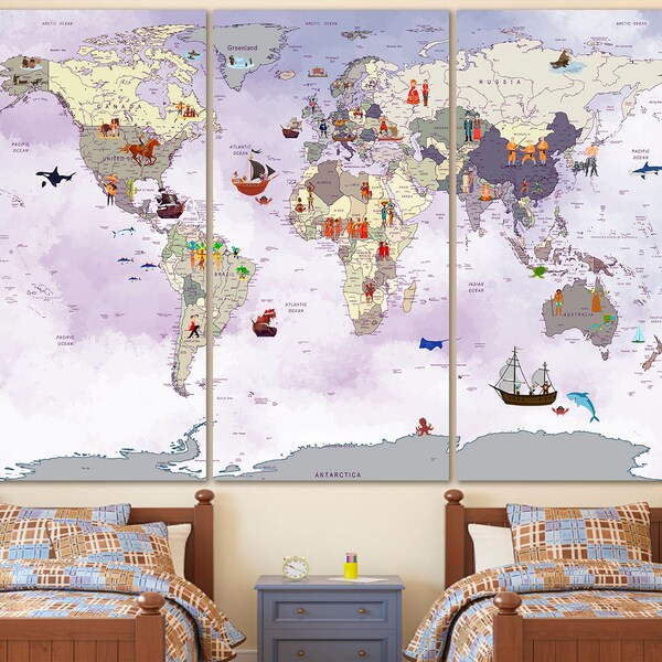 Kids world map canvas Playroom world map Kinderweltkarte Childrens map art Boys nursery decor Animal art Travel canvas Illustrated world map