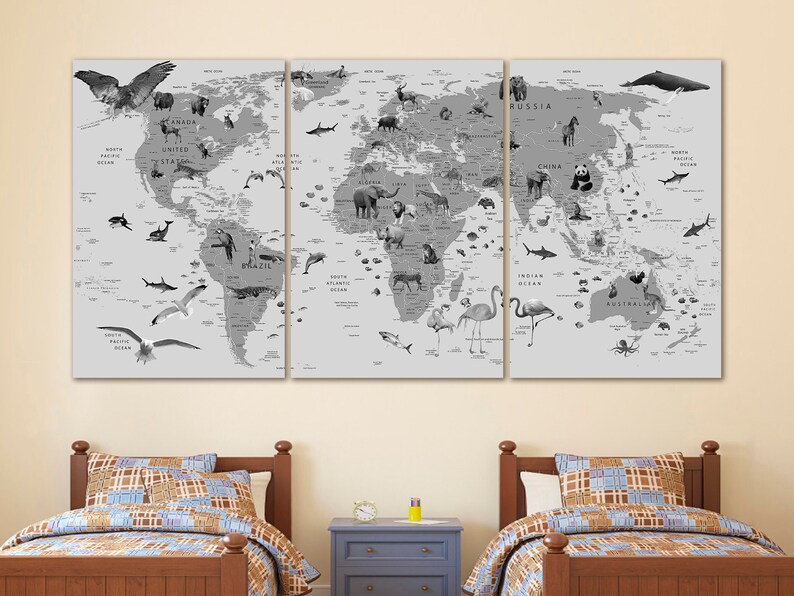 Kids World Map Canvas Animal World Map Decor Nursery World Map Art ...