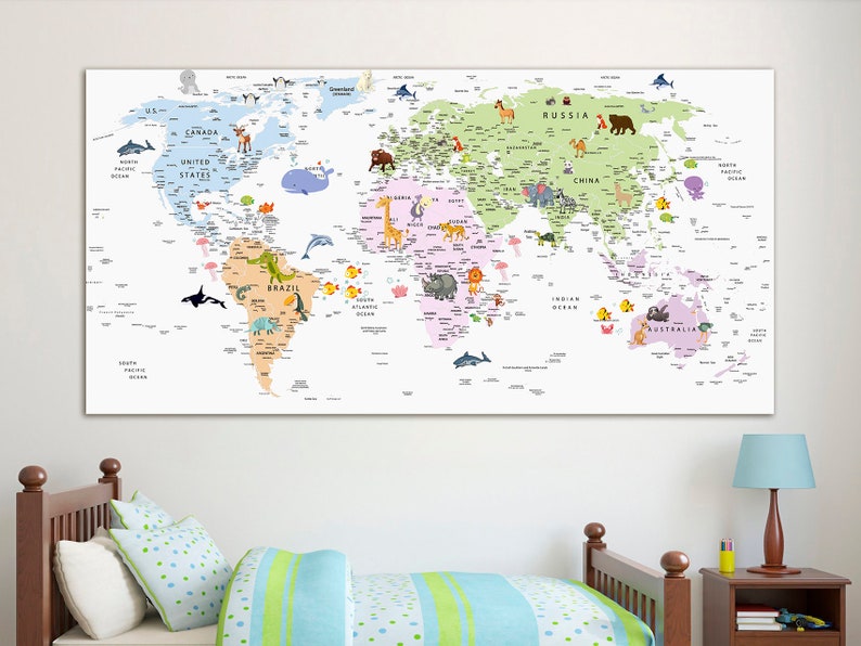 Kids World Map Canvas Animal World Map Decor Nursery World Map Etsy