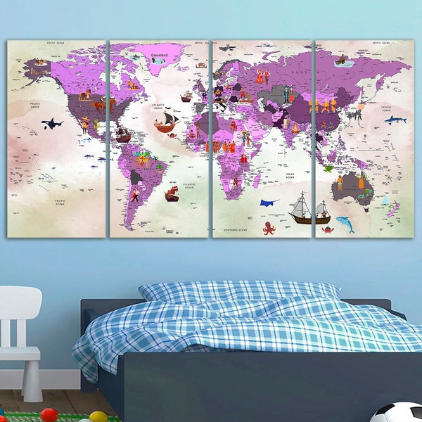 Color world map for kids Canvas wall decor Children map print Animal world map Nursery wall decor Playroom wall print Kid Room Map Child map