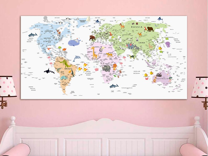 Kids World Map Canvas Animal World Map Decor Nursery World Map Etsy