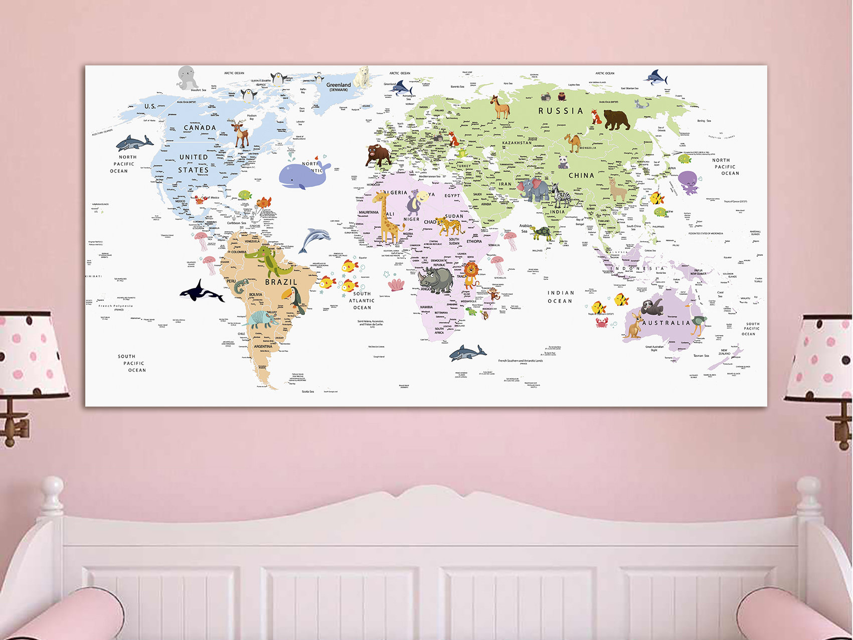 Kids World Map Canvas Animal World Map Decor Nursery World Map Art ...