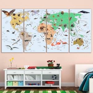 Kids World Map Canvas Animal World Map Decor Nursery World Map Art ...