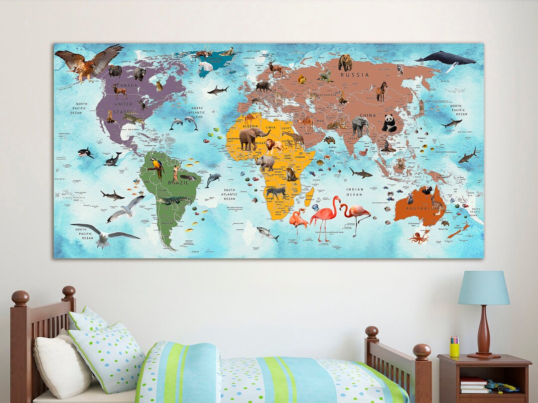 Kids World Map Canvas Animal World Map Decor Nursery World Map Art ...