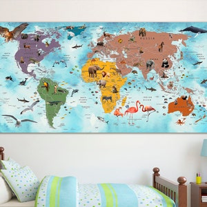 Kids world map canvas Animal world map decor Nursery world map art Atlas print Continent art Travel canvas World map decor Large world map