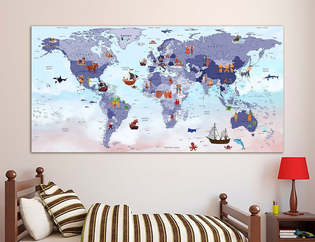 Animal World Map Canvas Print: Kids Nursery Wall Decor - Etsy