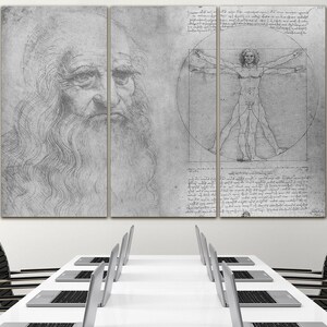 May include: A black and white triptych canvas print featuring a portrait of Leonardo da Vinci and a drawing of the Vitruvian Man.