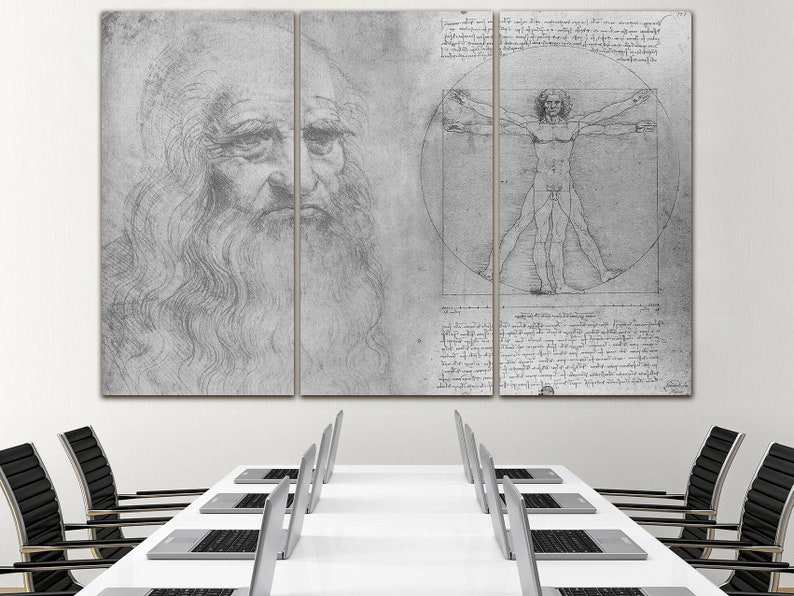 May include: A black and white triptych canvas print featuring a portrait of Leonardo da Vinci and a drawing of the Vitruvian Man.