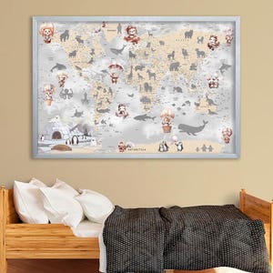Wereldkaart voor kinderen canvas speelkamer wereldkaart muur decor kinderkamer print kinderkamer muur decor groene kinderkaart canvas speelkamer dieren wereldkaart