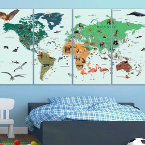 Kinder Weltkarte in FRANZÖSISCH Weltkarte Leinwand Carte du monde en français Tier Weltkarte Dekor Kinderzimmer Weltkarte Kontinent Kunst Große Weltkarte