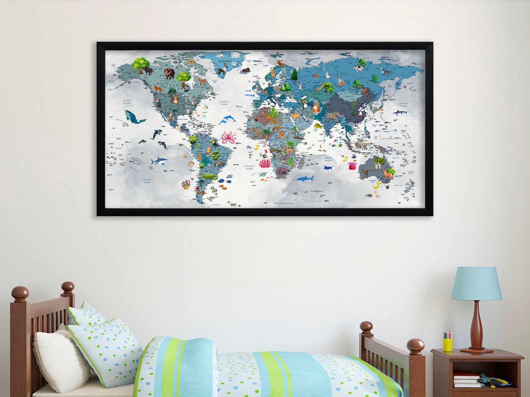 World Map Kids Animal World Map Canvas Nursery Kids Decor Children Art ...