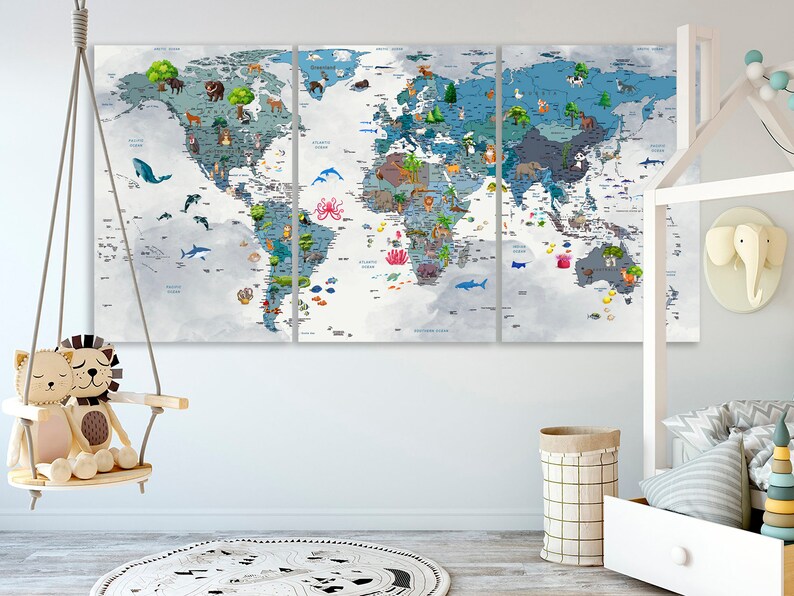 World Map Kids Animal World Map Canvas Nursery Kids Decor Children Art ...