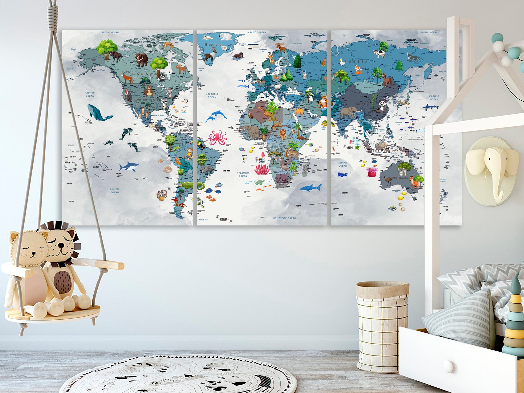 World Map Kids Animal World Map Canvas Nursery Kids Decor Children Art ...