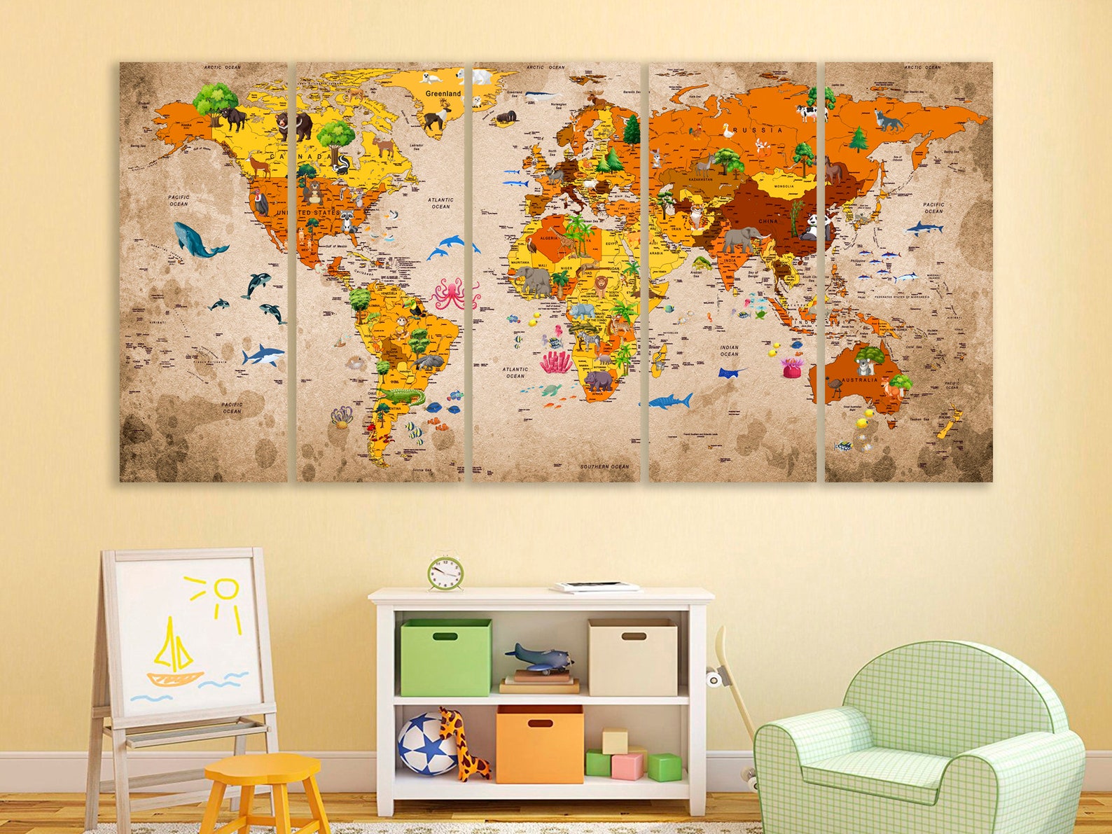 Kids World Map Canvas Animal World Map Decor Nursery World Map Art ...