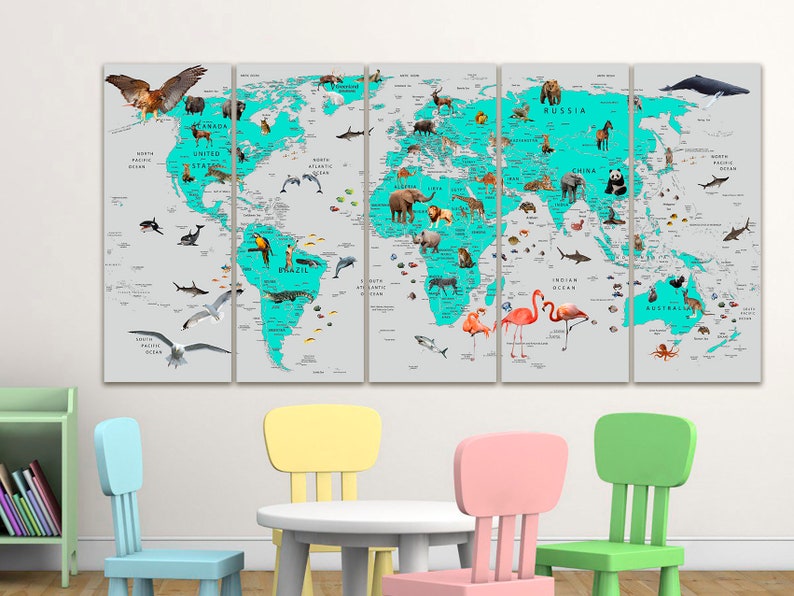 Kids World Map Canvas Animal World Map Decor Nursery World Map Art ...