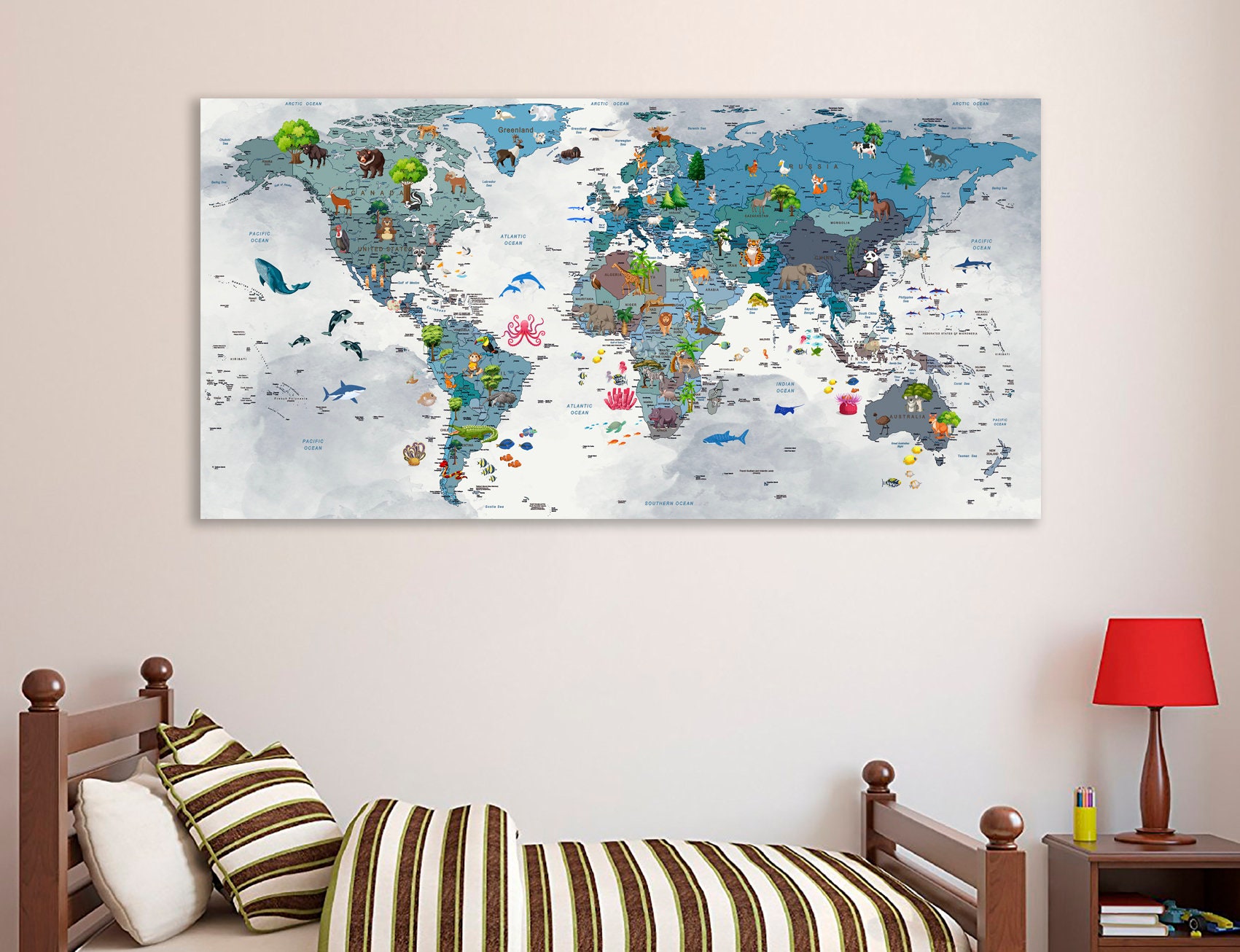 World Map Kids Animal World Map Canvas Nursery Kids Decor Children Art ...