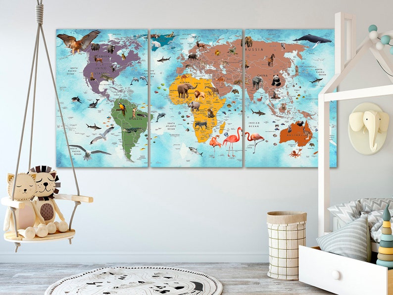 Kids World Map Canvas Animal World Map Decor Nursery World Map Art ...