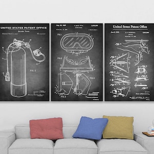 Scuba Diving Patent Art print Set of 3 Diving patent canvas Deep Sea Diver Gift Diving Equipment Blueprint Scuba Gift Beach House Wall Decor