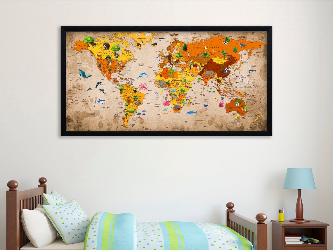 Kids World Map Canvas Animal World Map Decor Nursery World Map Art ...