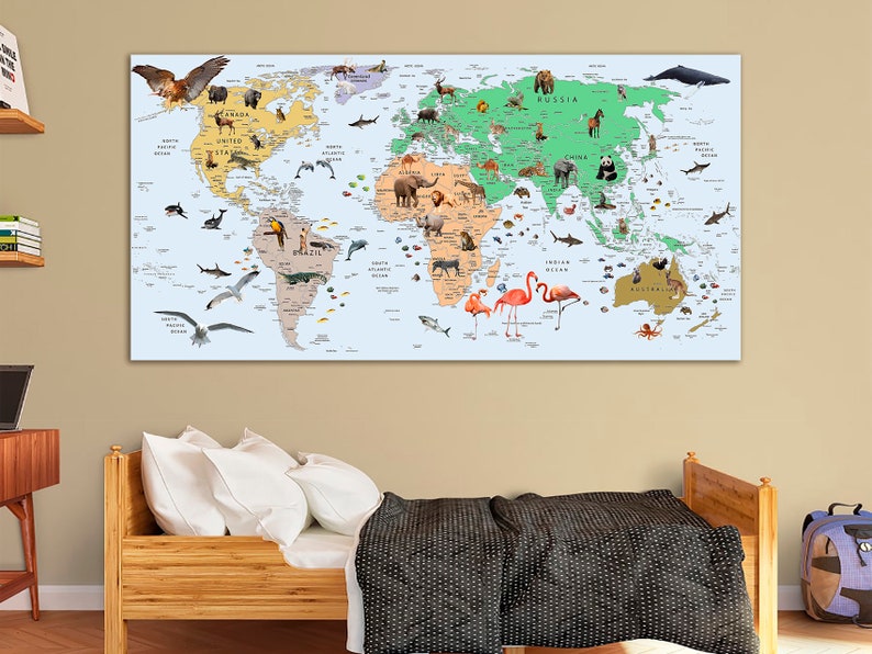 Kids World Map Canvas Animal World Map Decor Nursery World Map Art ...