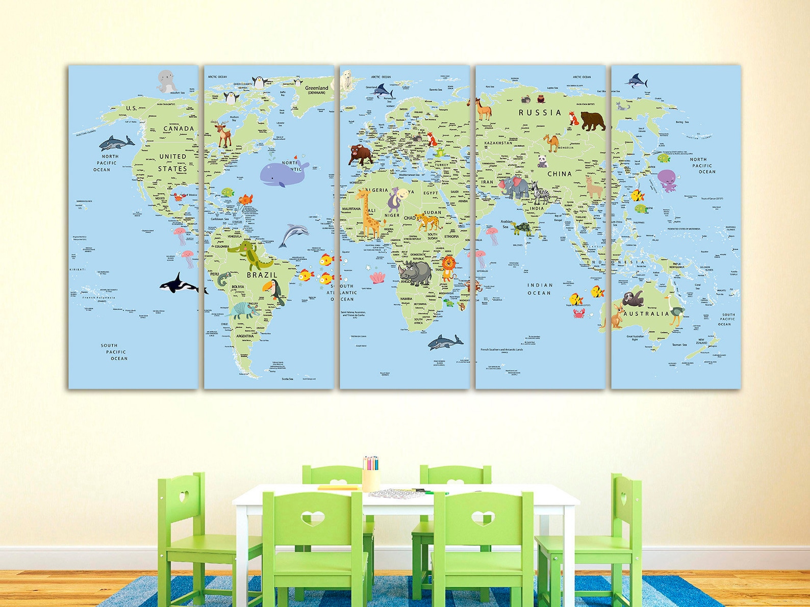Kids World Map Canvas Animal World Map Decor Nursery World Map Art ...