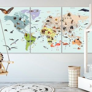 Kinder Weltkarte in SPANISCH Weltkarte Leinwand Mapa del mundo en español Tier Weltkarte Dekor Kinderzimmer Weltkarte Kontinent Kunst Große Weltkarte