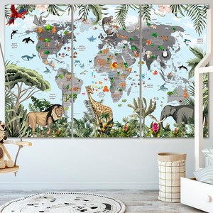 Vivero mapa del mundo lienzo Playroom mapa decoración Kinderweltkarte Childrens map art Kid bedroom print Animal art Travel canvas Mapa del mundo grande
