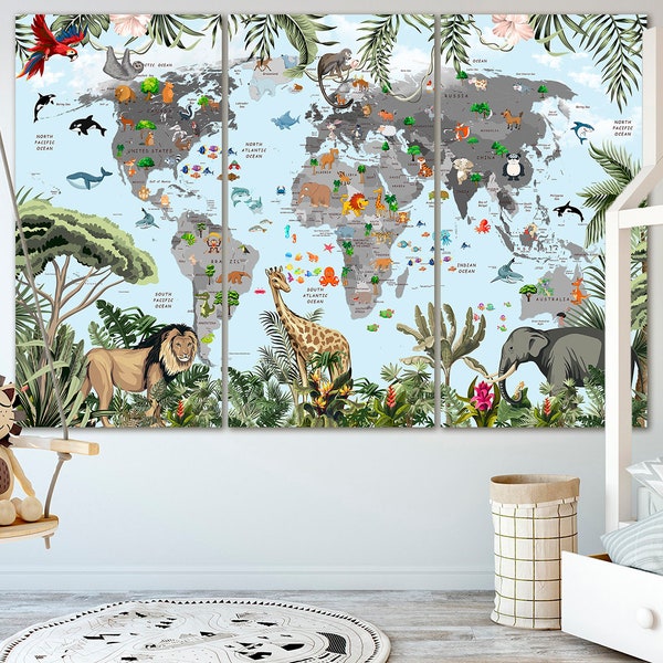 Nursery world map canvas Playroom map decor Kinderweltkarte Childrens map art Kid bedroom print Animal art Travel canvas Large world map