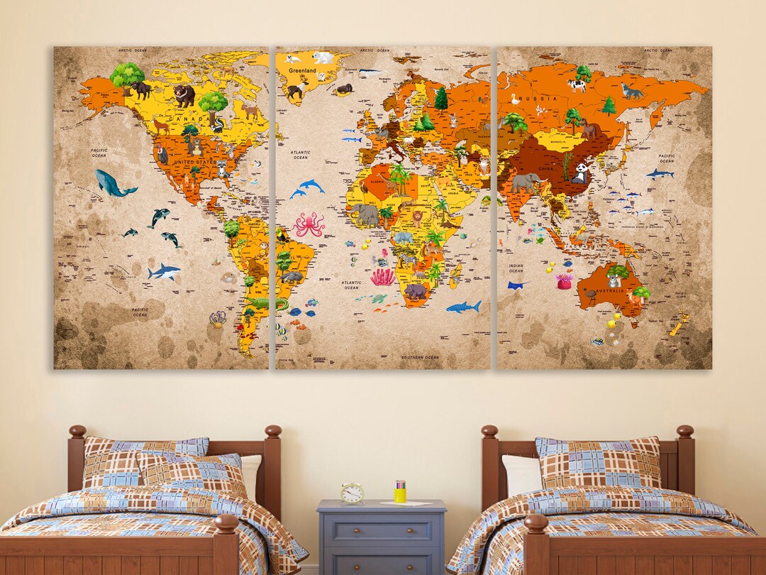 Kids World Map Canvas Animal World Map Decor Nursery World Map Art ...