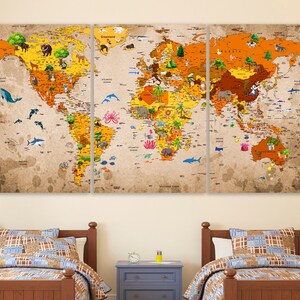 Kids World Map Canvas Animal World Map Decor Nursery World Map Art ...