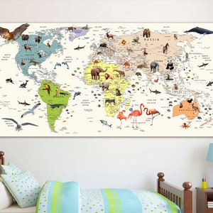 Kinder Weltkarte Leinwand Tiere Weltkarte Dekor Kinderzimmer Weltkarte Kunst Atlas Druck Kontinent Kunst Reise Leinwand Weltkarte Dekor Große Weltkarte