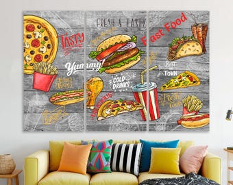 Fast food Canvas Print Fun Fast Food Inspired Canvas Hamburger Colorful Poster or Kitchen, Dining Room Burger art decor Wall Art Decor