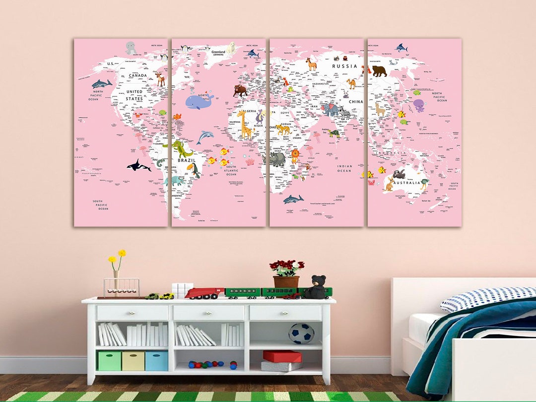 Kids World Map Canvas Animal World Map Decor Nursery World Map Art ...
