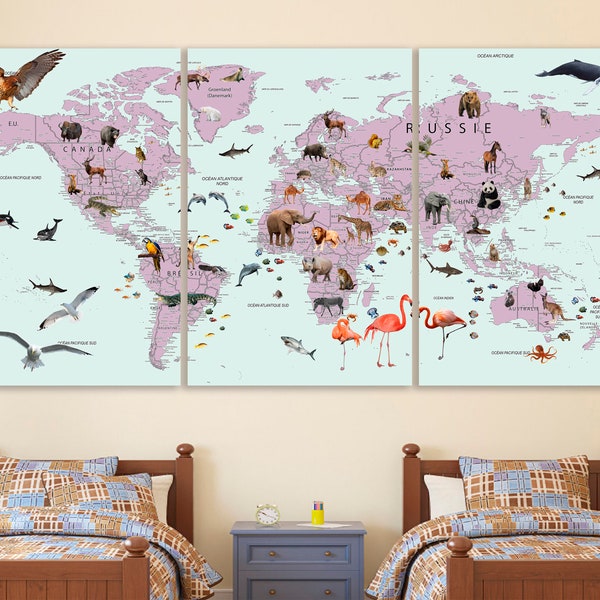 World Map in FRENCH World map canvas Carte du monde en français Animal world map decor Nursery world map art Travel canvas Large world map