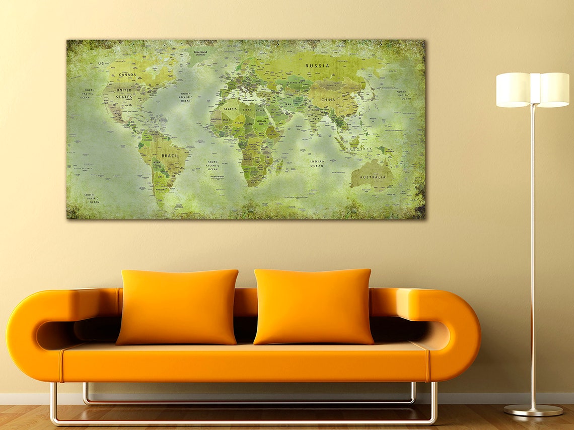 Green World Map Canvas World Map Decor World Map Push Pin Etsy