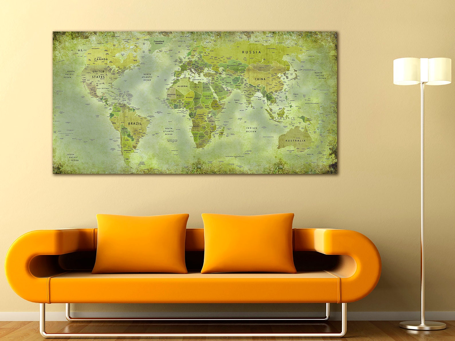 Green World Map Canvas World Map Decor World Map Push Pin Etsy