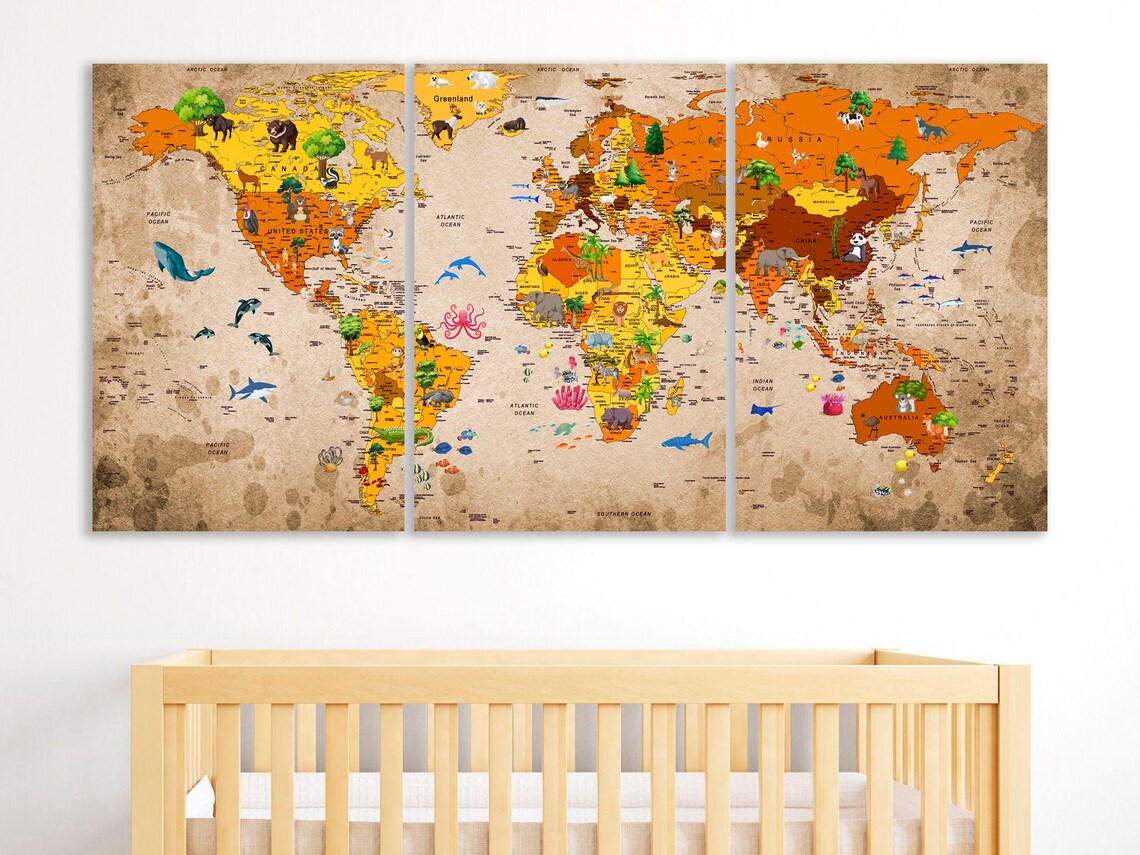Kids World Map Canvas Animal World Map Decor Nursery World Map Art ...
