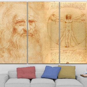 May include: A sepia-toned drawing of a man's face with a long beard, and a Vitruvian Man drawing with geometric shapes and text.
