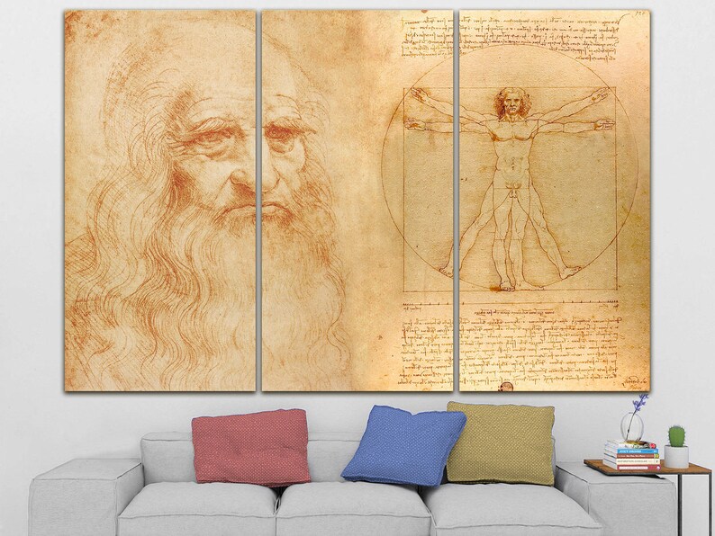 May include: A sepia-toned drawing of a man's face with a long beard, and a Vitruvian Man drawing with geometric shapes and text.