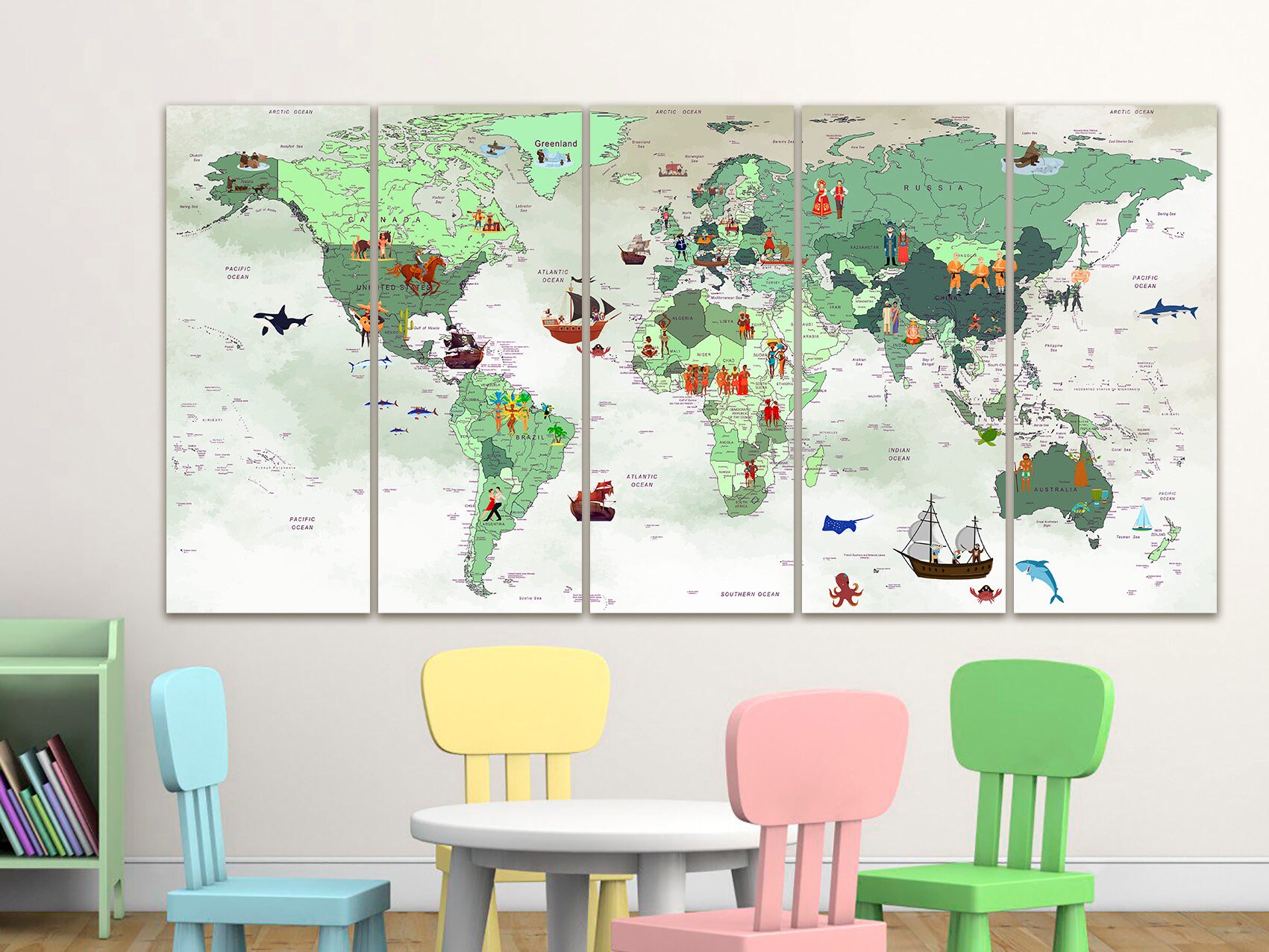 Kids World Map Canvas Animal Map of the World Art Animal World Map ...