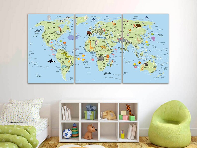 Kids World Map Canvas Animal World Map Decor Nursery World Map Art ...