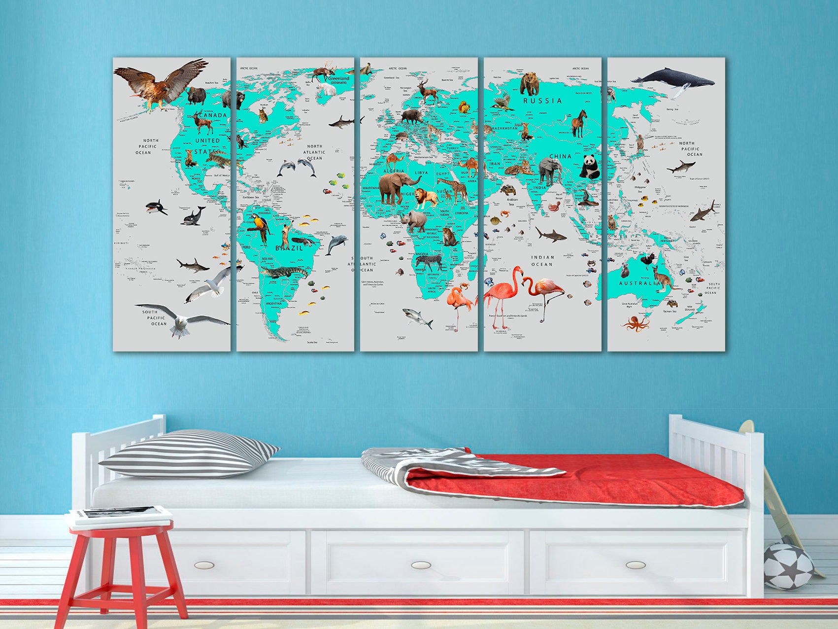 Kids World Map Canvas Animal World Map Decor Nursery World Map Art ...