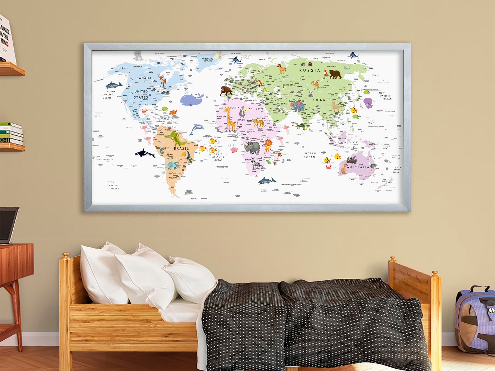 Kids World Map Canvas Animal World Map Decor Nursery World Map Art ...