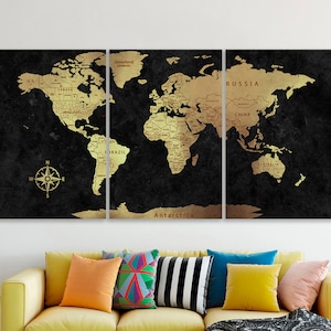Wereldkaart canvas Gele wereldkaart deco Wereldkaart push pin Atlas print Continent kunst Reizen canvas Grote kunst aan de muur Grote wereldkaart Bisiness