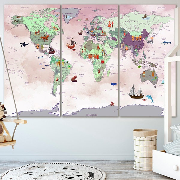 Large world map canvas Playroom World Map Kinderweltkarte Childrens map art Kid bedroom print Animal art Travel canvas Illustrated world map