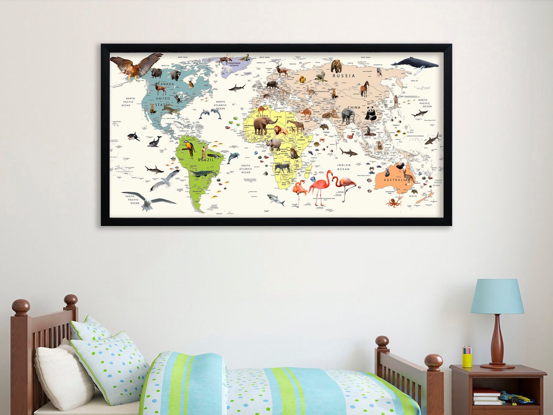 Kids World Map Canvas Animal World Map Decor Nursery World Map Art ...