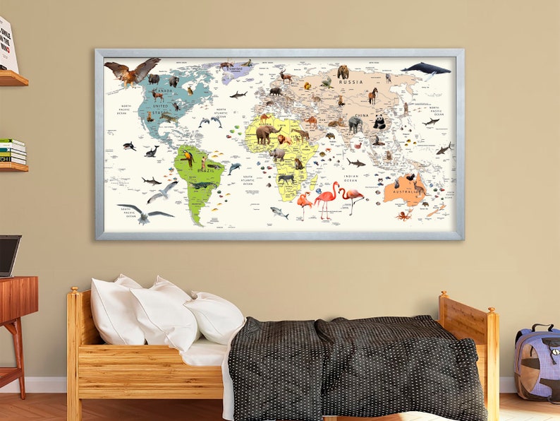 Kids World Map Canvas Animal World Map Decor Nursery World Map Art ...
