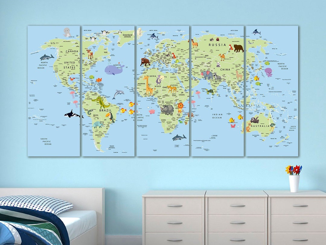 Kids World Map Canvas Animal World Map Decor Nursery World Map Art ...