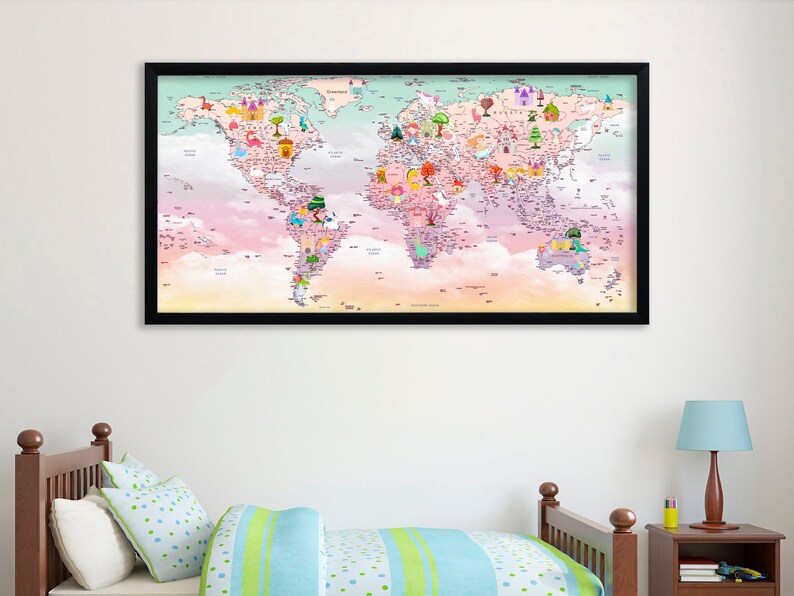 Kids World Map Canvas Animal World Map Decor Nursery World Map Etsy