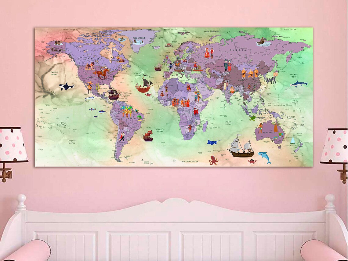 Homeschooling World map Canvas wall art Nursery decor art | Etsy